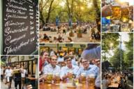 A photo collage with pictures of a beer garden, a waitress and guests, each holding a pint of beer in their hands in Munich.