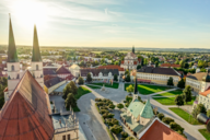 A drone shot from above over Altötting's Chapel Square with its many churches